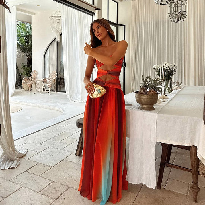 Aziza - Hollow Out Tie-Dye Gradient Long Dress