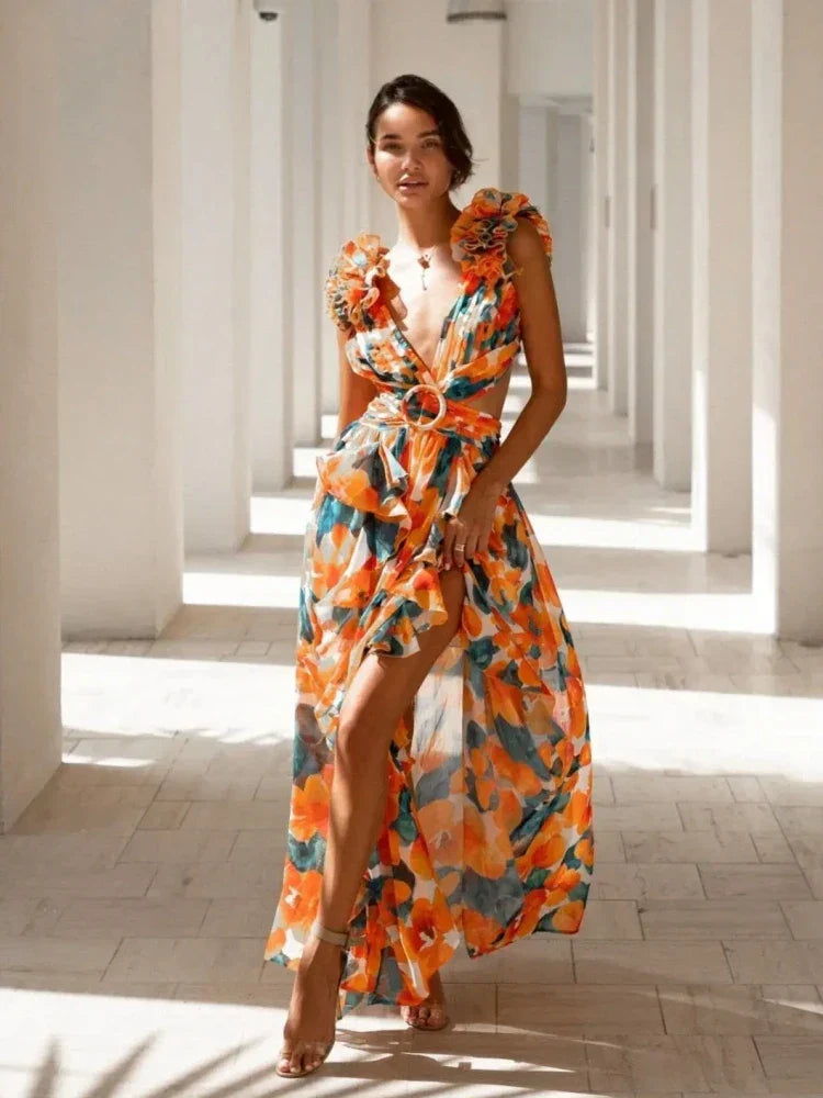 Aurora - Elegant Backless Ruffles Maxi Dress