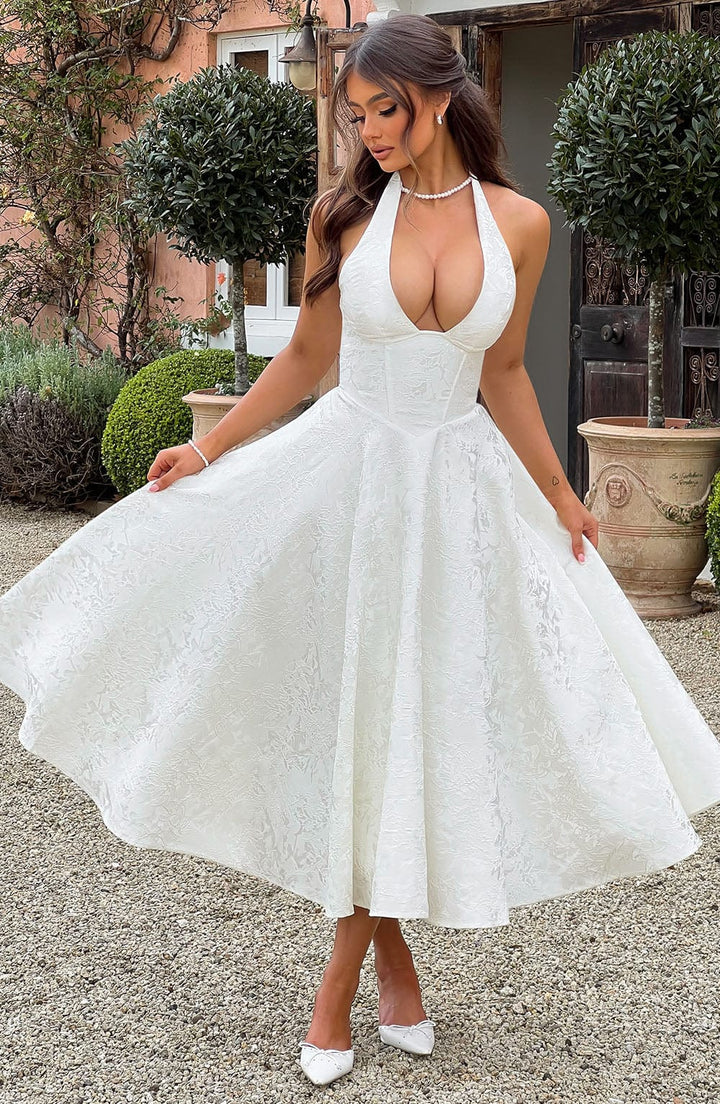 Niamh - Elegant Embroidered Deep V Sleeveless Dress